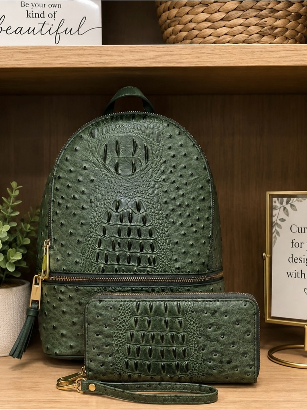 Olive Green Croc-Embossed Backpack & Wallet Set